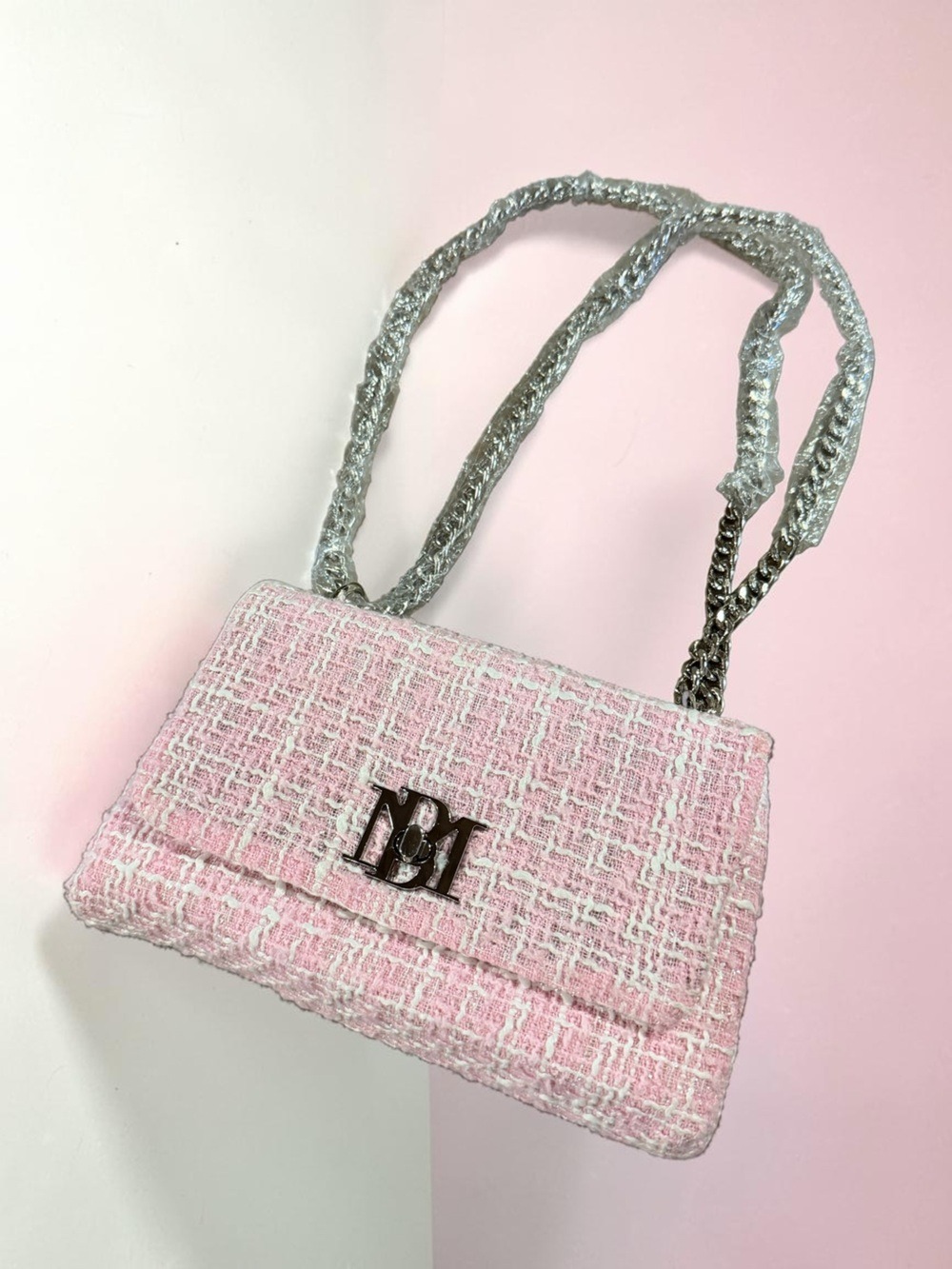 Badgley Mischka Pink Tweed Messenger Bag Vegan Leather Textured